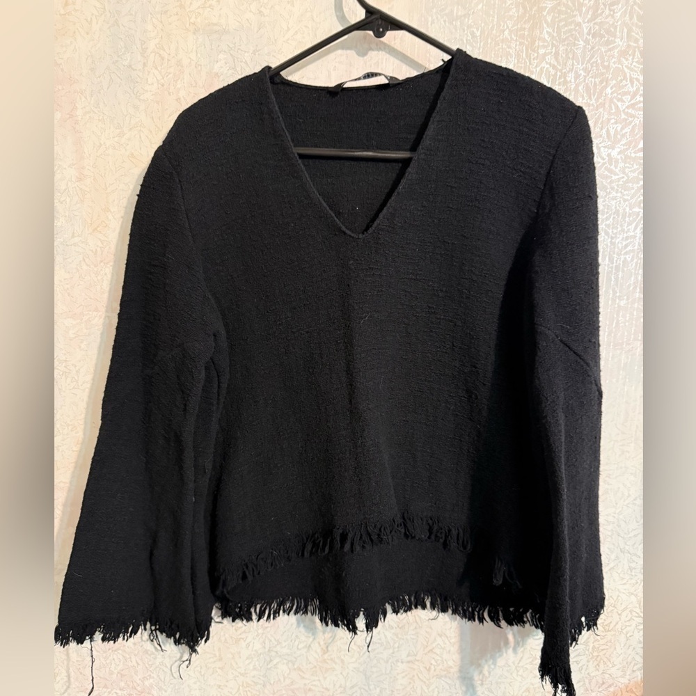 Zara Black Textured V-Neck Top, High Low Hem, Frayed Hem, Slight Bell Sleeves L